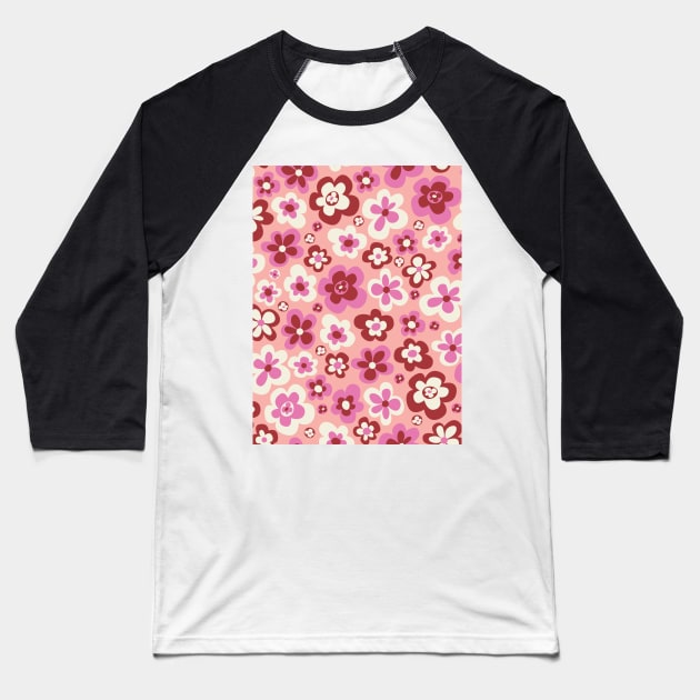 retro florals pattern, 70s groovy flowers, flower market, scandinavian florals, danish style, pink, red, burgundy, peach Baseball T-Shirt by blomastudios